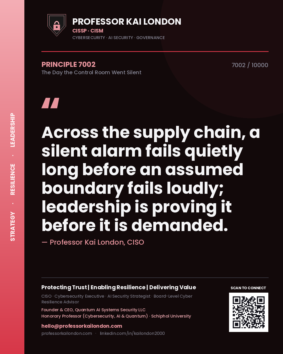 Quote card by Professor Kai London reading 'Across the supply chain, a silent alarm fails quietly long before an assumed boundary fails loudly; leadership is proving it before it is demanded.'. From the book The Day the Control Room Went Silent.