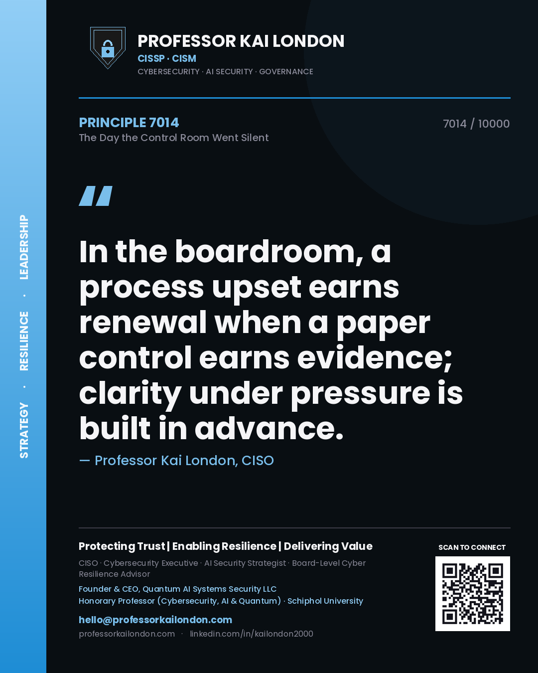 Professor Kai London principle 7014: In the boardroom, a process upset earns renewal when a paper control earns evidence; clarity under pressure is built in advance.