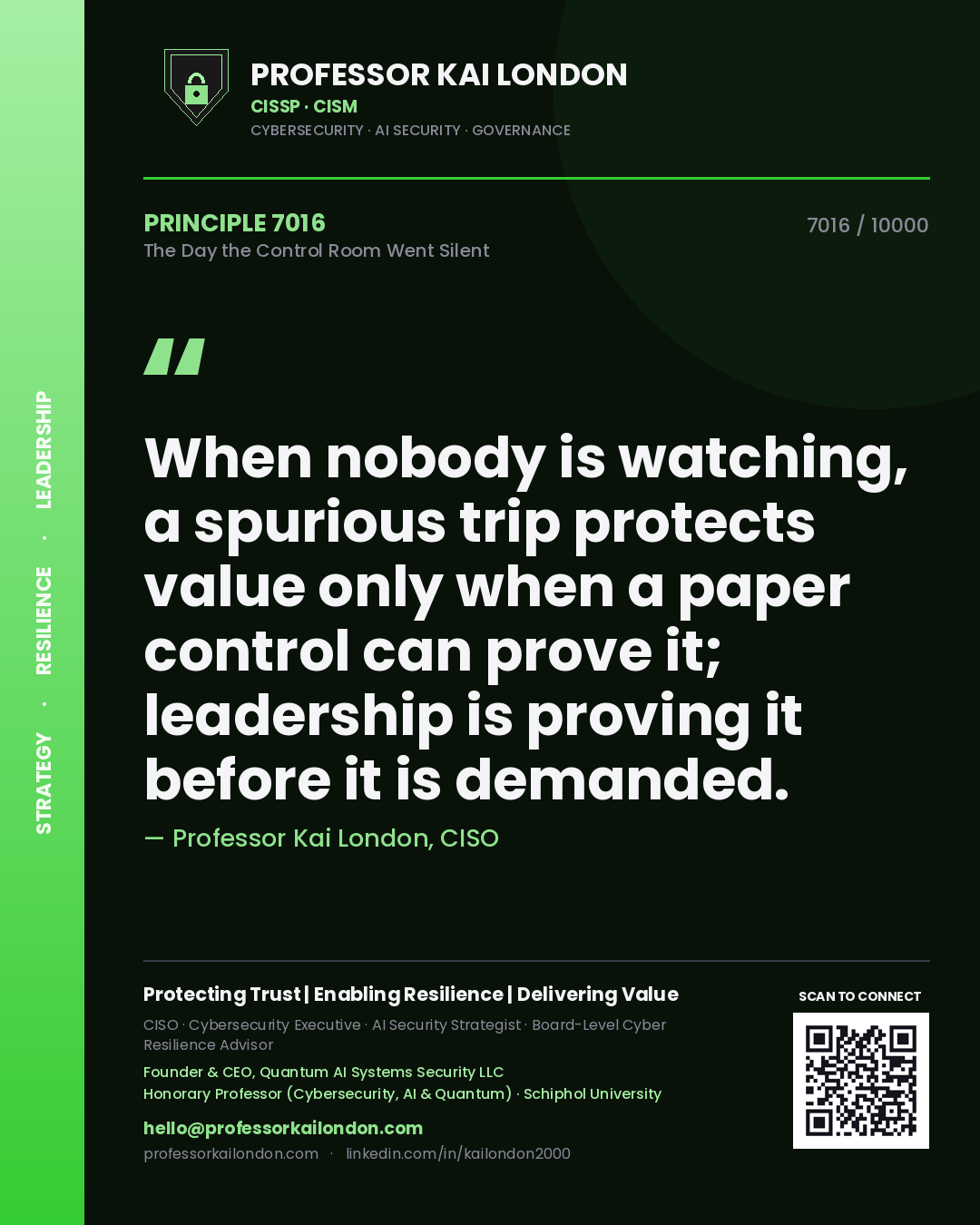 Professor Kai London principle 7016: When nobody is watching, a spurious trip protects value only when a paper control can prove it; leadership is proving it before it is demanded.