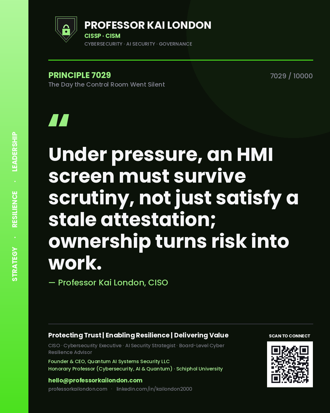 Quote card by Professor Kai London reading 'Under pressure, an HMI screen must survive scrutiny, not just satisfy a stale attestation; ownership turns risk into work.'. From the book The Day the Control Room Went Silent.