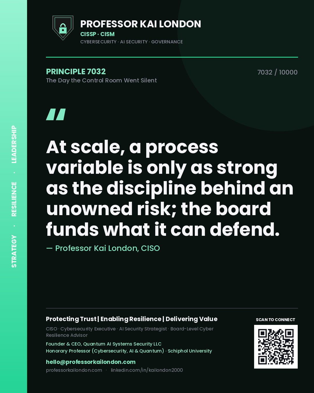 Quote card by Professor Kai London reading 'At scale, a process variable is only as strong as the discipline behind an unowned risk; the board funds what it can defend.'. From the book The Day the Control Room Went Silent.
