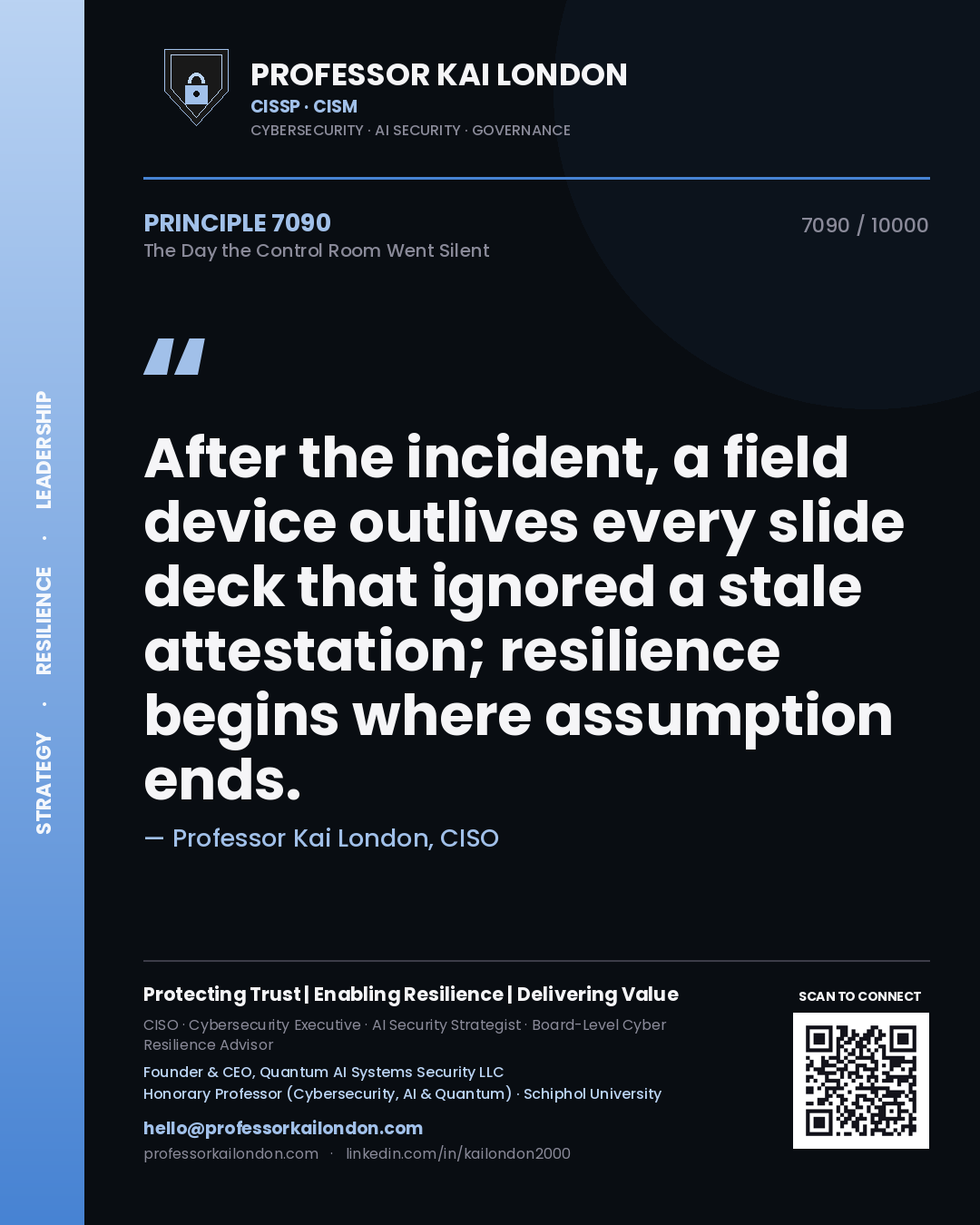 Quote card by Professor Kai London reading 'After the incident, a field device outlives every slide deck that ignored a stale attestation; resilience begins where assumption ends.'. From the book The Day the Control Room Went Silent.