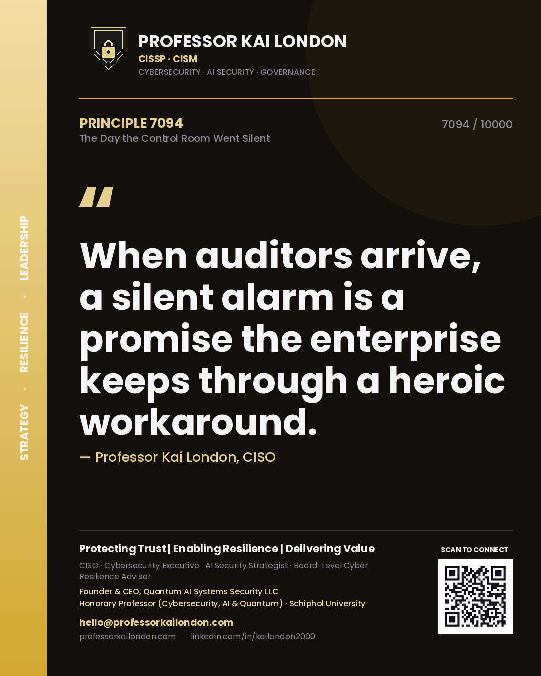 Quote card by Professor Kai London reading 'When auditors arrive, a silent alarm is a promise the enterprise keeps through a heroic workaround.'. From the book The Day the Control Room Went Silent.