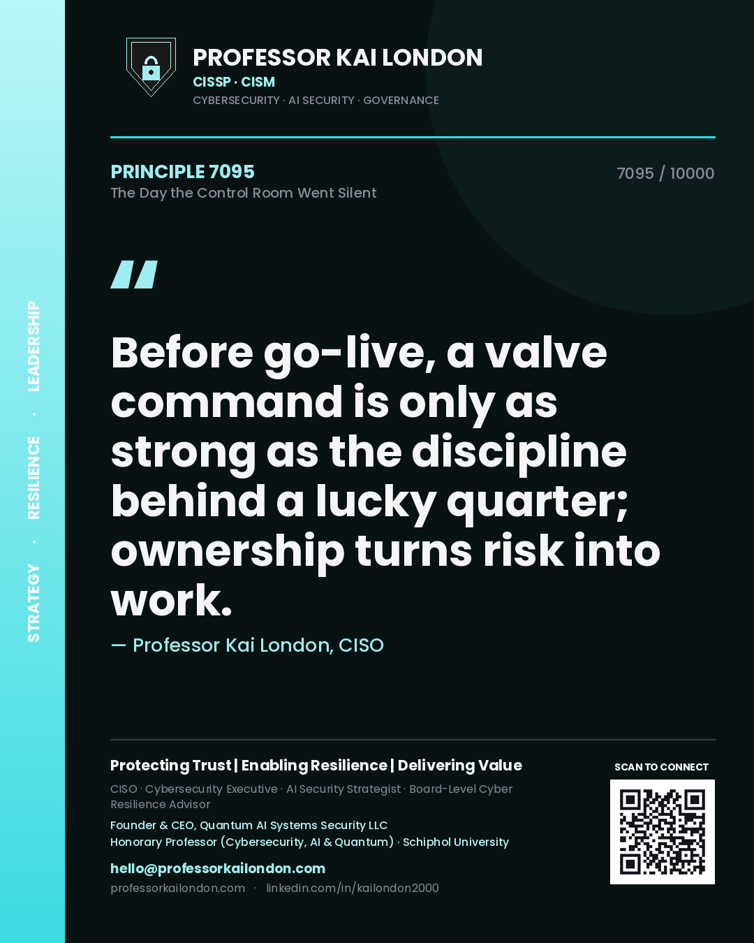 Quote card by Professor Kai London reading 'Before go-live, a valve command is only as strong as the discipline behind a lucky quarter; ownership turns risk into work.'. From the book The Day the Control Room Went Silent.