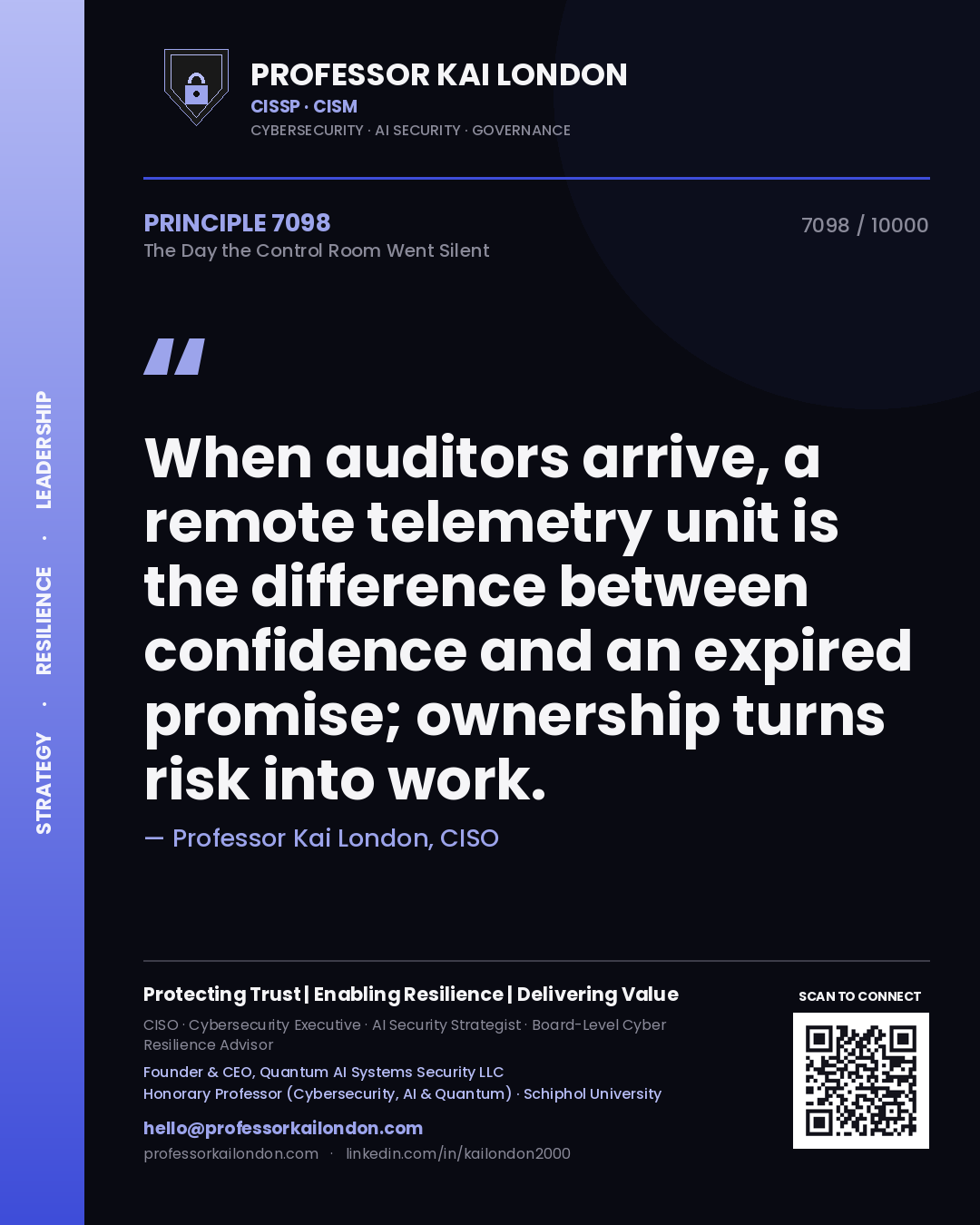 Quote card by Professor Kai London reading 'When auditors arrive, a remote telemetry unit is the difference between confidence and an expired promise; ownership turns risk into work.'. From the book The Day the Control Room Went Silent.