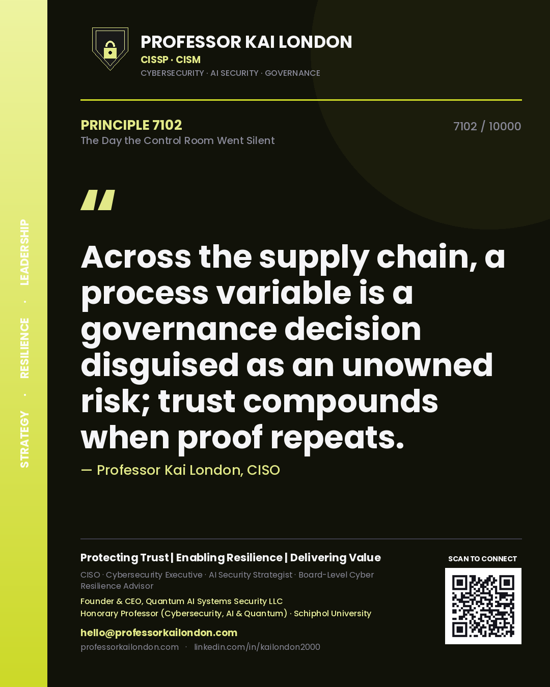 Quote card by Professor Kai London reading 'Across the supply chain, a process variable is a governance decision disguised as an unowned risk; trust compounds when proof repeats.'. From the book The Day the Control Room Went Silent.