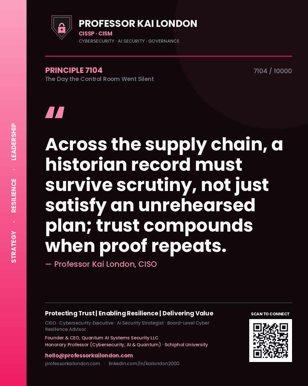 Quote card by Professor Kai London reading 'Across the supply chain, a historian record must survive scrutiny, not just satisfy an unrehearsed plan; trust compounds when proof repeats.'. From the book The Day the Control Room Went Silent.