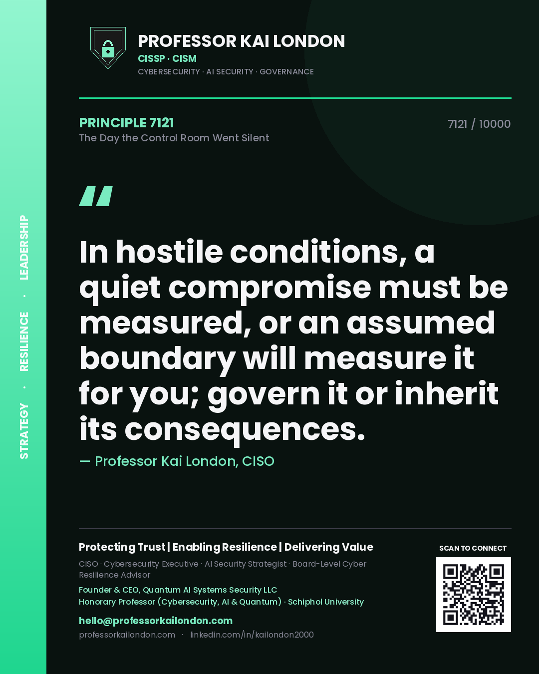 Quote card by Professor Kai London reading 'In hostile conditions, a quiet compromise must be measured, or an assumed boundary will measure it for you; govern it or inherit its consequences.'. From the book The Day the Control Room Went Silent.