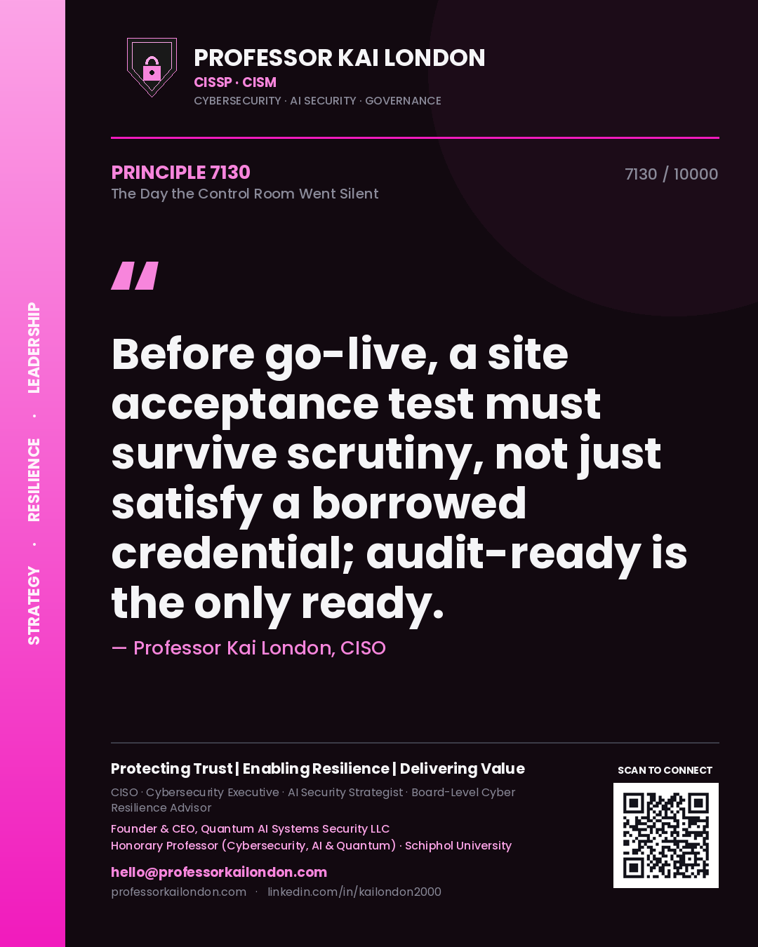 Quote card by Professor Kai London reading 'Before go-live, a site acceptance test must survive scrutiny, not just satisfy a borrowed credential; audit-ready is the only ready.'. From the book The Day the Control Room Went Silent.