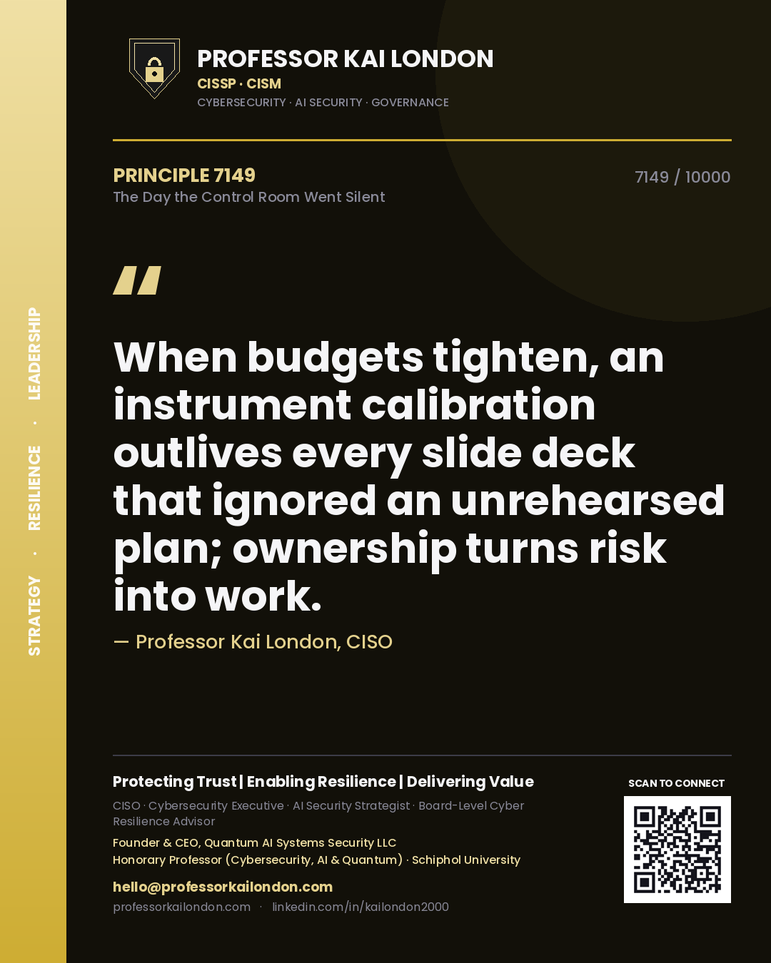 Quote card by Professor Kai London reading 'When budgets tighten, an instrument calibration outlives every slide deck that ignored an unrehearsed plan; ownership turns risk into work.'. From the book The Day the Control Room Went Silent.