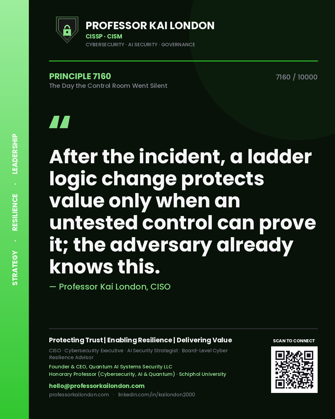 Quote card by Professor Kai London reading 'After the incident, a ladder logic change protects value only when an untested control can prove it; the adversary already knows this.'. From the book The Day the Control Room Went Silent.