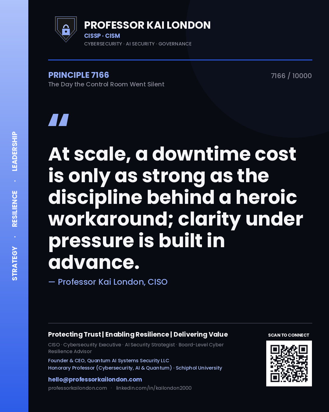 Quote card by Professor Kai London reading 'At scale, a downtime cost is only as strong as the discipline behind a heroic workaround; clarity under pressure is built in advance.'. From the book The Day the Control Room Went Silent.