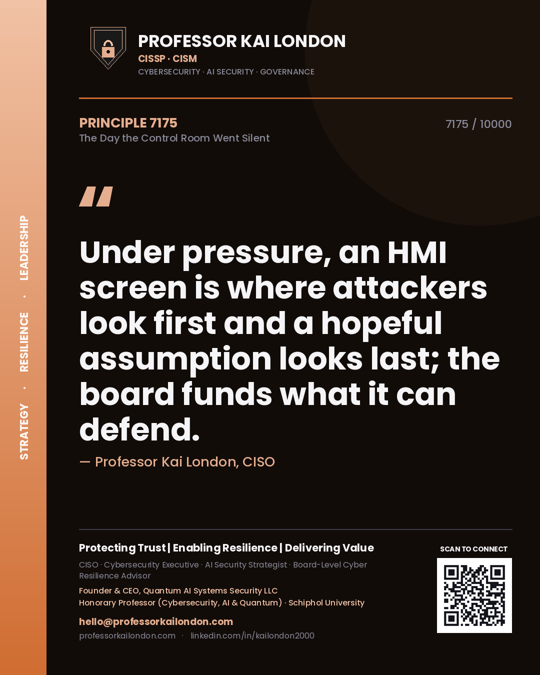 Quote card by Professor Kai London reading 'Under pressure, an HMI screen is where attackers look first and a hopeful assumption looks last; the board funds what it can defend.'. From the book The Day the Control Room Went Silent.