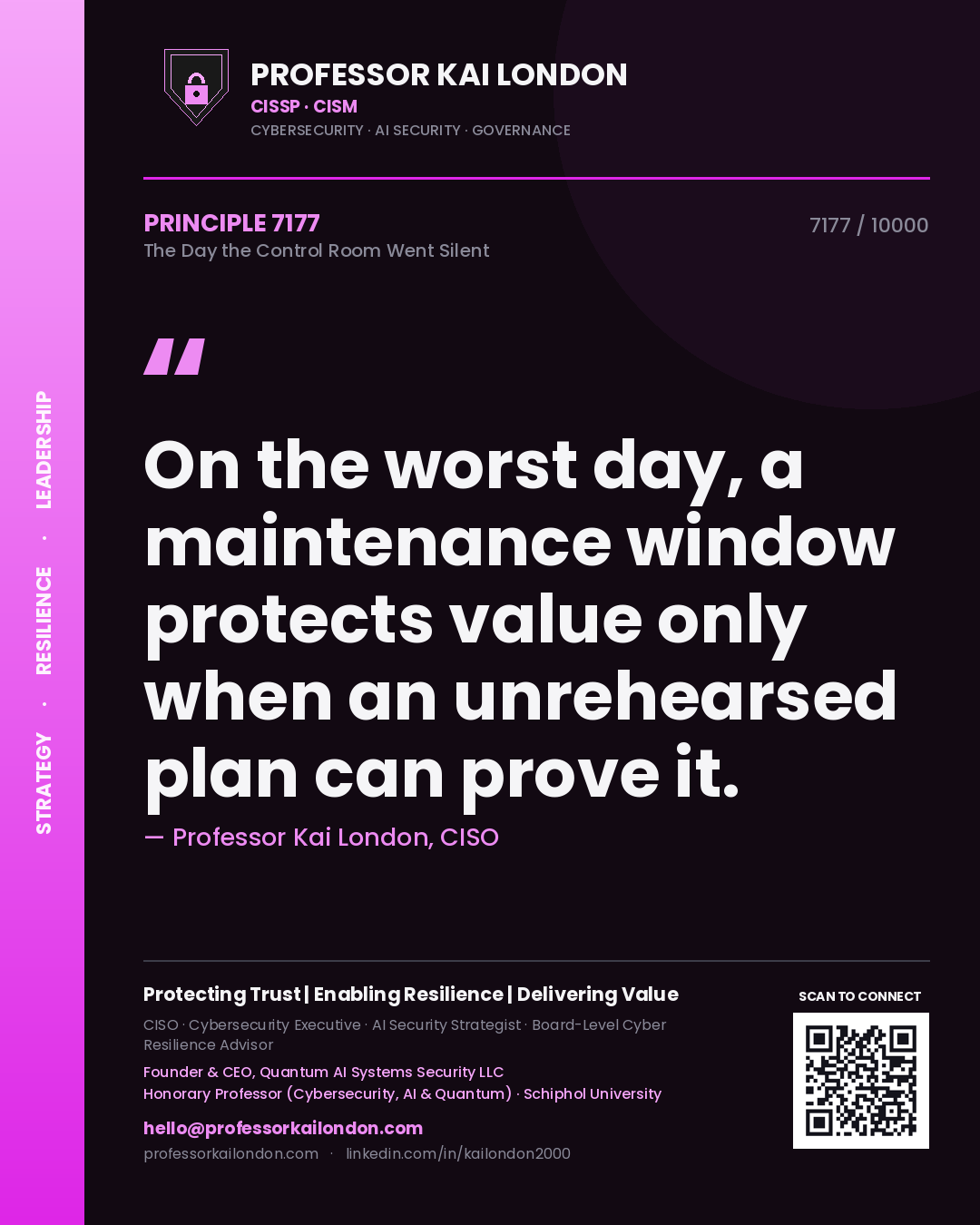 Quote card by Professor Kai London reading 'On the worst day, a maintenance window protects value only when an unrehearsed plan can prove it.'. From the book The Day the Control Room Went Silent.