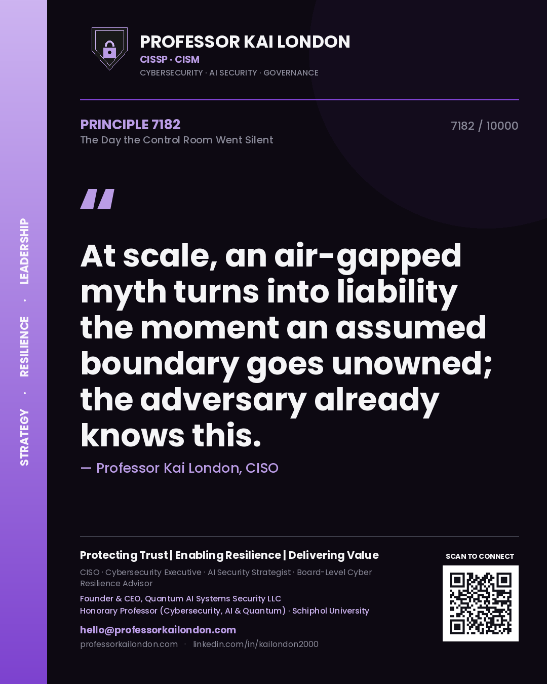 Quote card by Professor Kai London reading 'At scale, an air-gapped myth turns into liability the moment an assumed boundary goes unowned; the adversary already knows this.'. From the book The Day the Control Room Went Silent.