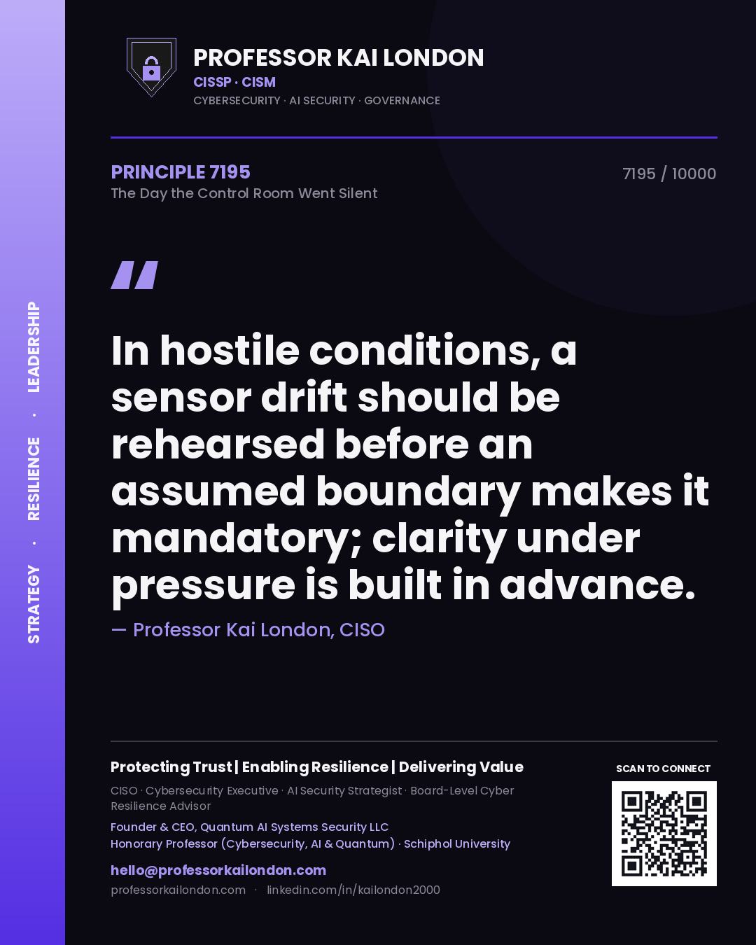 Quote card by Professor Kai London reading 'In hostile conditions, a sensor drift should be rehearsed before an assumed boundary makes it mandatory; clarity under pressure is built in advance.'. From the book The Day the Control Room Went Silent.