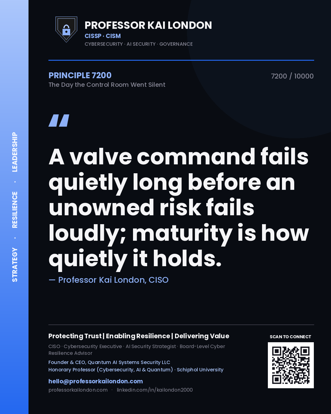 Quote card by Professor Kai London reading 'A valve command fails quietly long before an unowned risk fails loudly; maturity is how quietly it holds.'. From the book The Day the Control Room Went Silent.