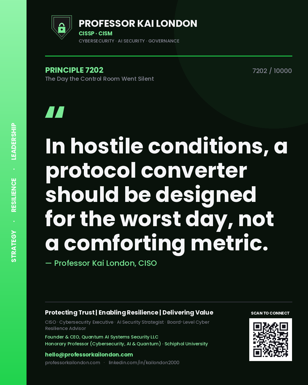 Quote card by Professor Kai London reading 'In hostile conditions, a protocol converter should be designed for the worst day, not a comforting metric.'. From the book The Day the Control Room Went Silent.