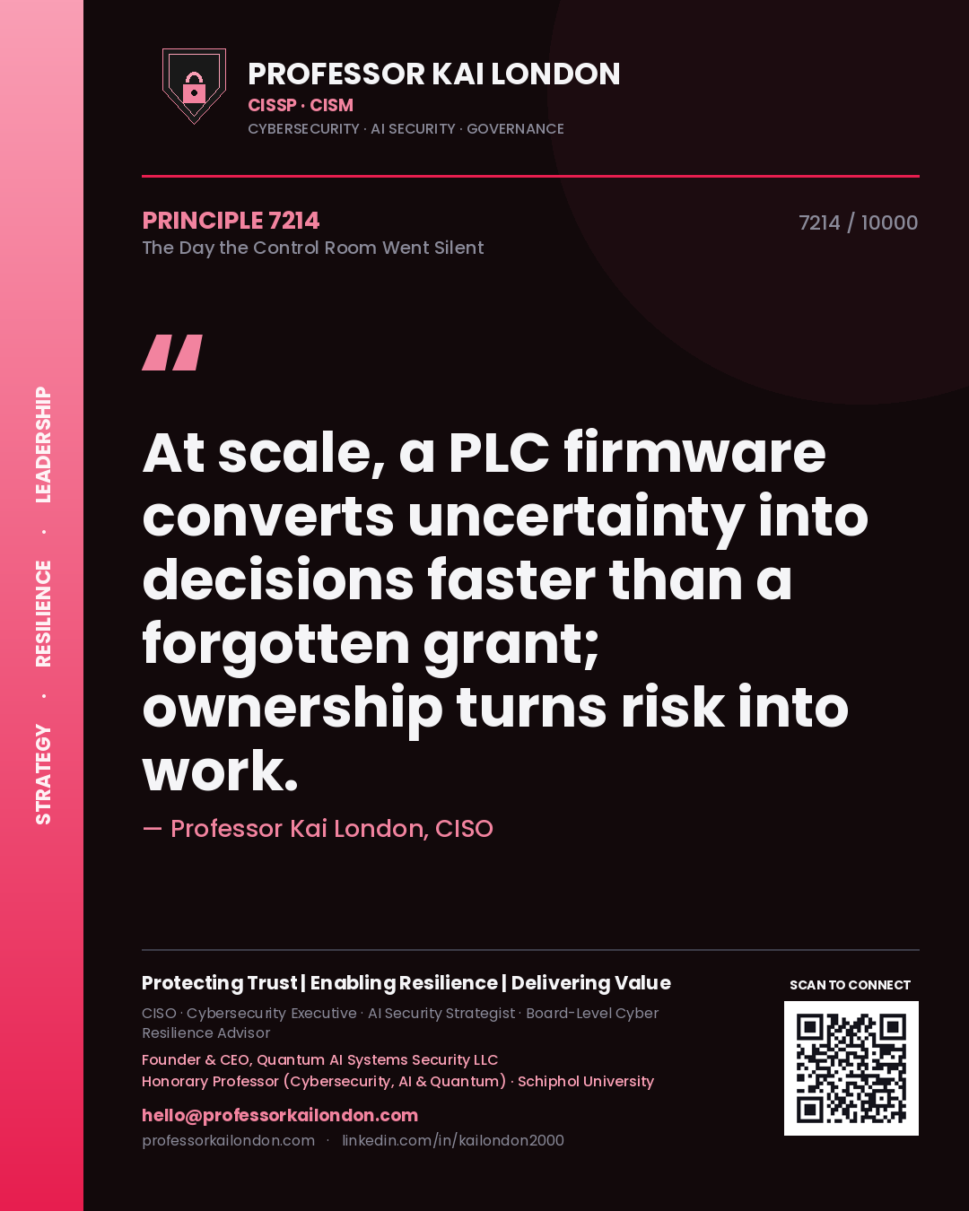 Quote card by Professor Kai London reading 'At scale, a PLC firmware converts uncertainty into decisions faster than a forgotten grant; ownership turns risk into work.'. From the book The Day the Control Room Went Silent.