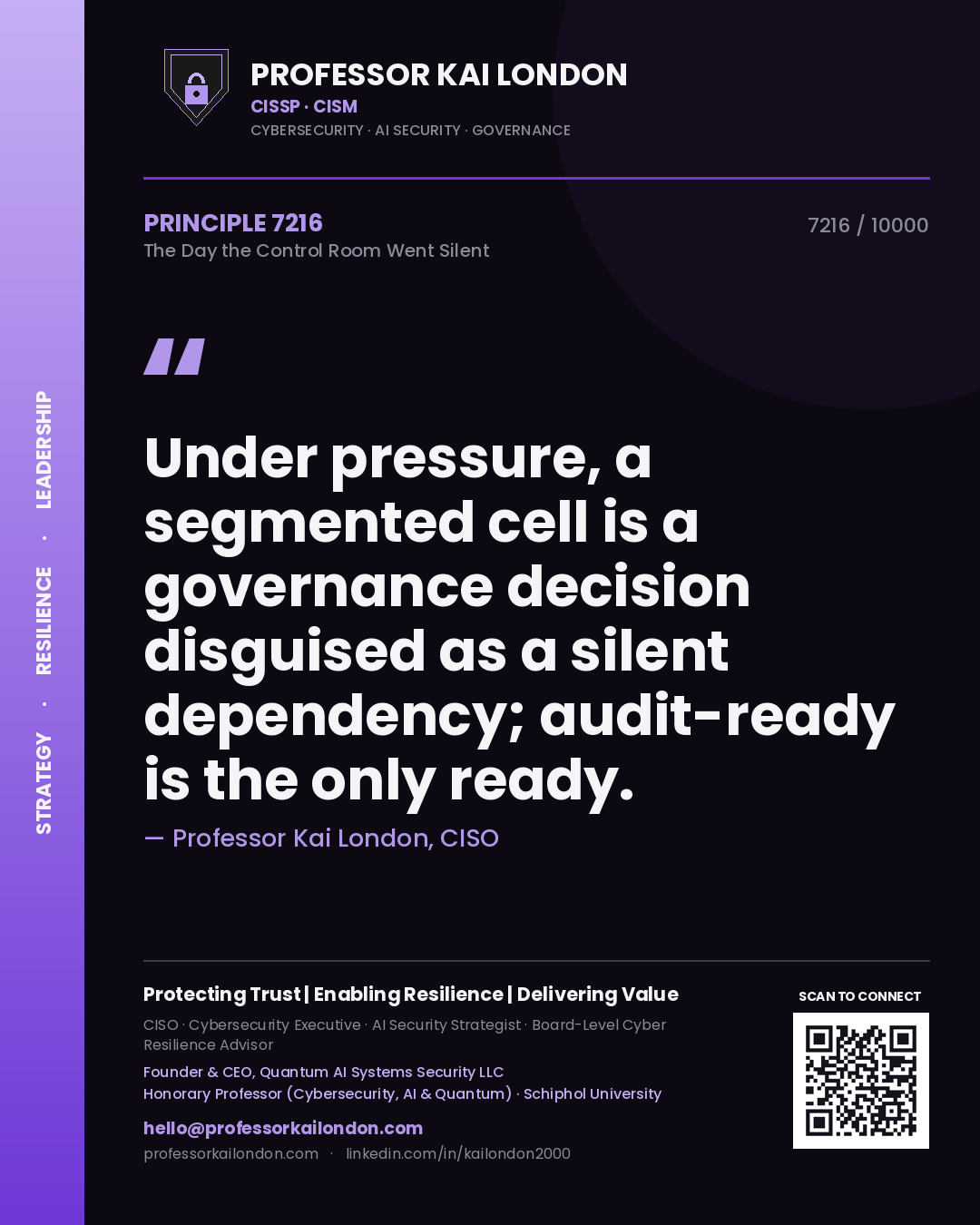 Professor Kai London principle 7216: Under pressure, a segmented cell is a governance decision disguised as a silent dependency; audit-ready is the only ready.