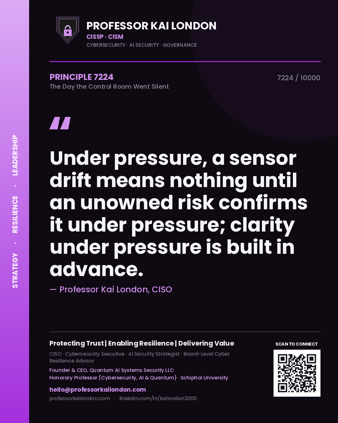 Quote card by Professor Kai London reading 'Under pressure, a sensor drift means nothing until an unowned risk confirms it under pressure; clarity under pressure is built in advance.'. From the book The Day the Control Room Went Silent.
