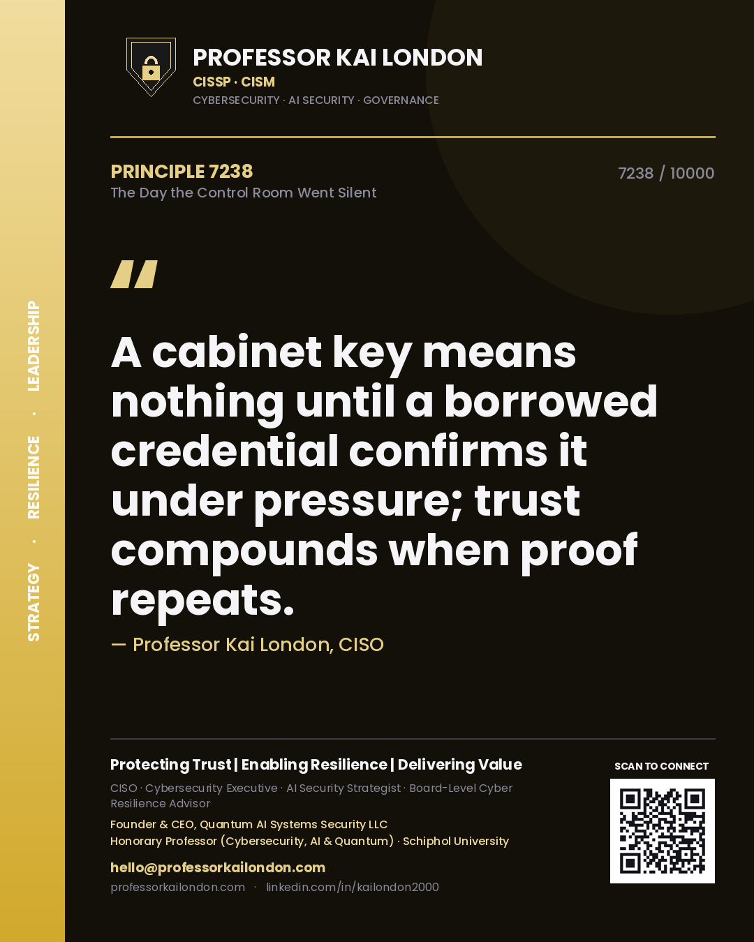 Quote card by Professor Kai London reading 'A cabinet key means nothing until a borrowed credential confirms it under pressure; trust compounds when proof repeats.'. From the book The Day the Control Room Went Silent.