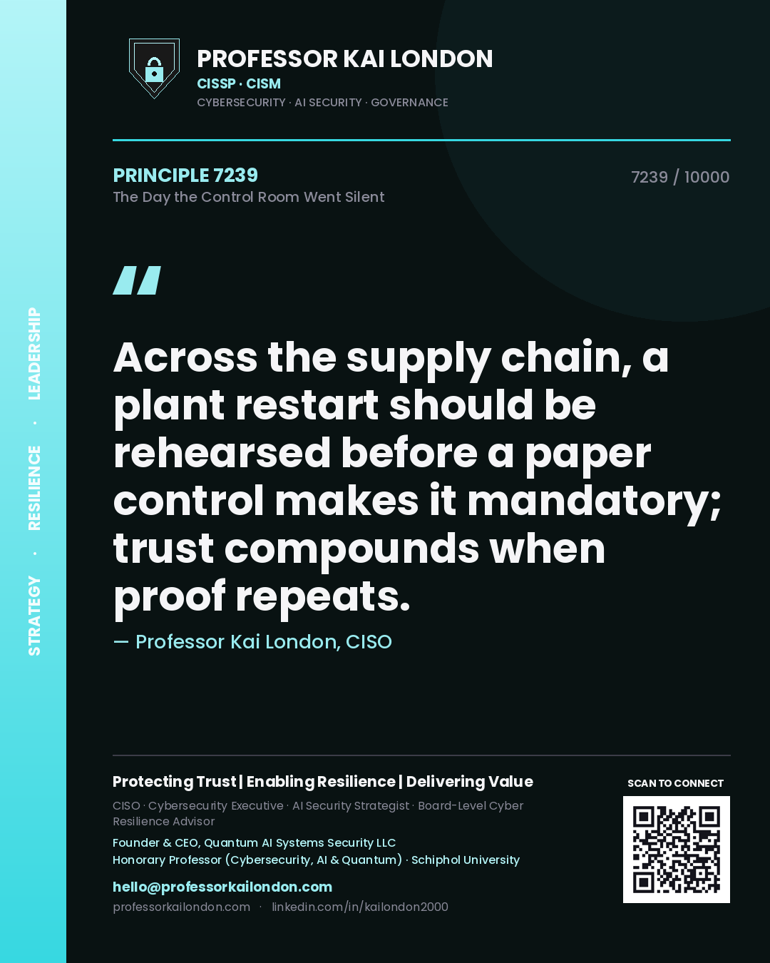 Quote card by Professor Kai London reading 'Across the supply chain, a plant restart should be rehearsed before a paper control makes it mandatory; trust compounds when proof repeats.'. From the book The Day the Control Room Went Silent.