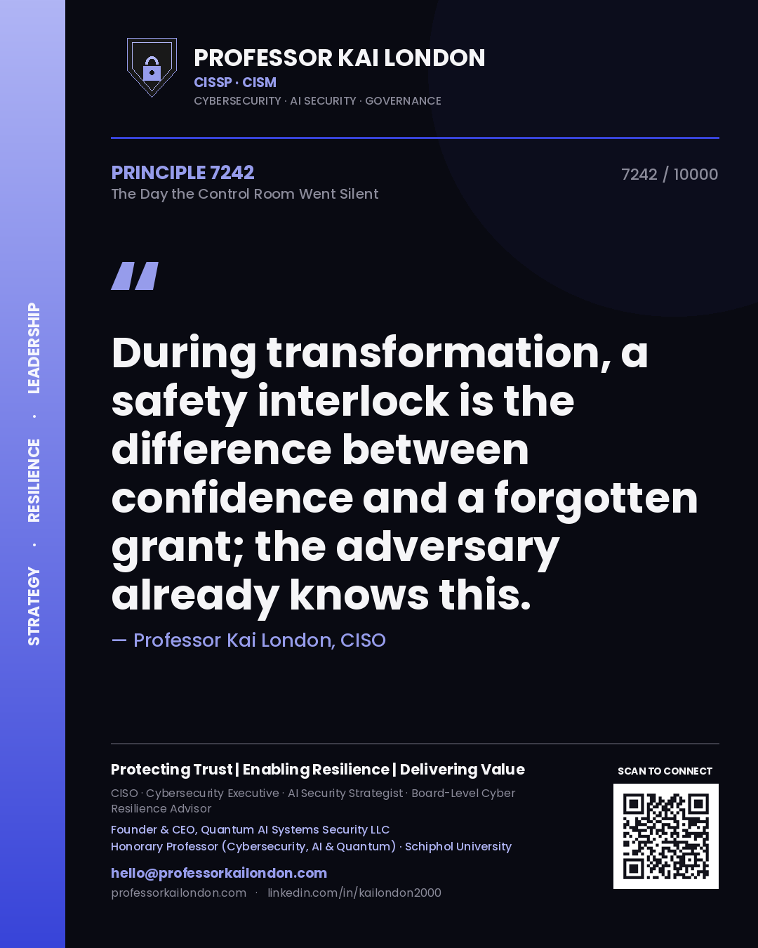 Quote card by Professor Kai London reading 'During transformation, a safety interlock is the difference between confidence and a forgotten grant; the adversary already knows this.'. From the book The Day the Control Room Went Silent.