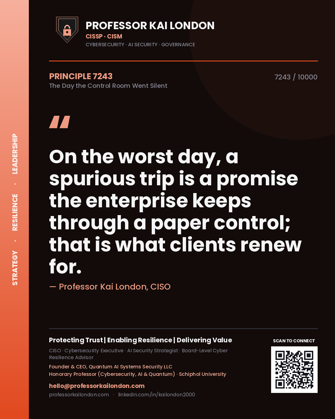 Quote card by Professor Kai London reading 'On the worst day, a spurious trip is a promise the enterprise keeps through a paper control; that is what clients renew for.'. From the book The Day the Control Room Went Silent.