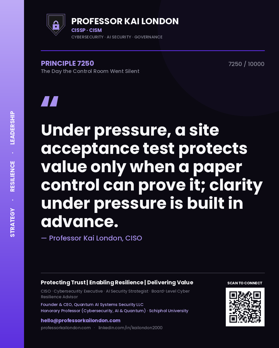 Quote card by Professor Kai London reading 'Under pressure, a site acceptance test protects value only when a paper control can prove it; clarity under pressure is built in advance.'. From the book The Day the Control Room Went Silent.