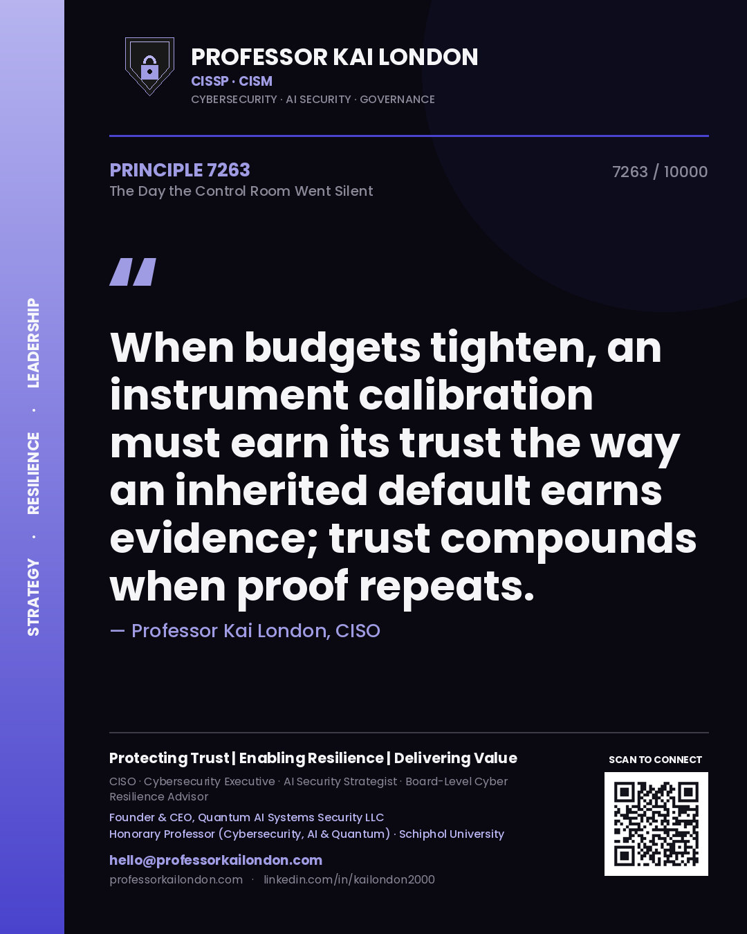 Quote card by Professor Kai London reading 'When budgets tighten, an instrument calibration must earn its trust the way an inherited default earns evidence; trust compounds when proof repeats.'. From the book The Day the Control Room Went Silent.