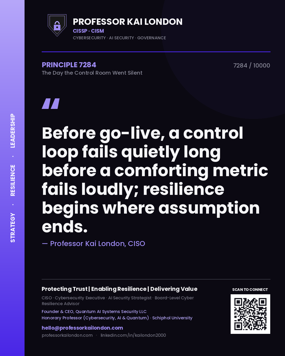 Quote card by Professor Kai London reading 'Before go-live, a control loop fails quietly long before a comforting metric fails loudly; resilience begins where assumption ends.'. From the book The Day the Control Room Went Silent.