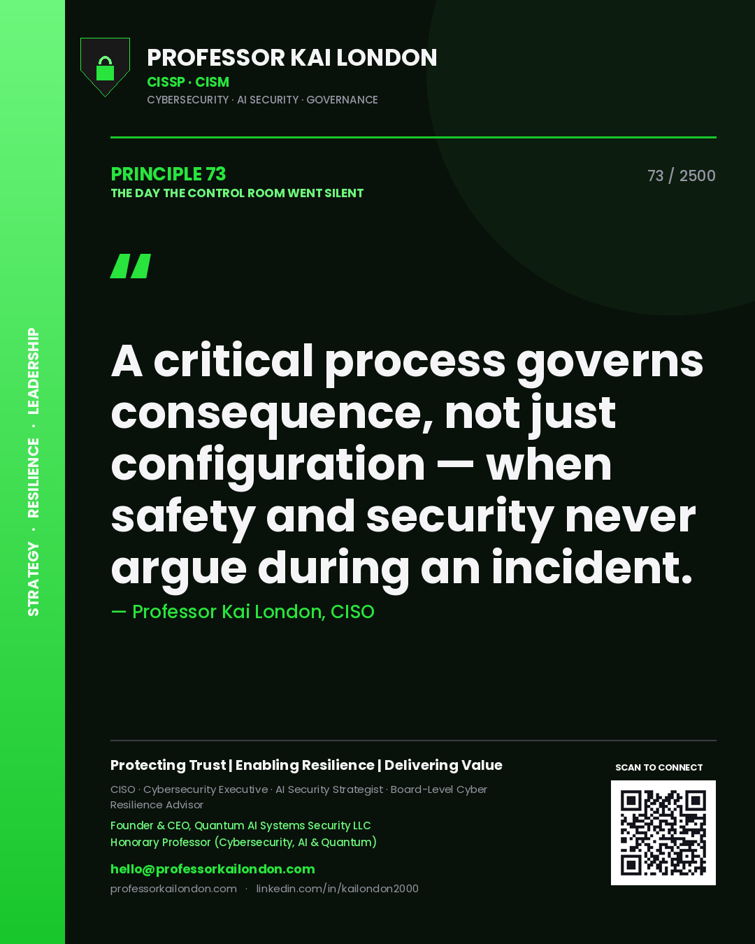 Quote card by Professor Kai London reading 'A critical process governs consequence, not just configuration — when safety and security never argue during an incident.'. From the book The Day the Control Room Went Silent.