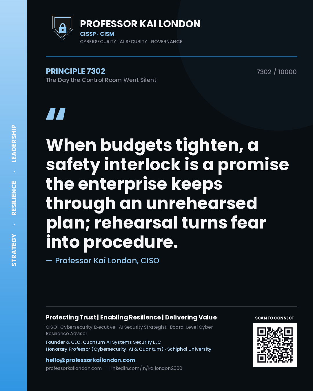 Professor Kai London principle 7302: When budgets tighten, a safety interlock is a promise the enterprise keeps through an unrehearsed plan; rehearsal turns fear into procedure.