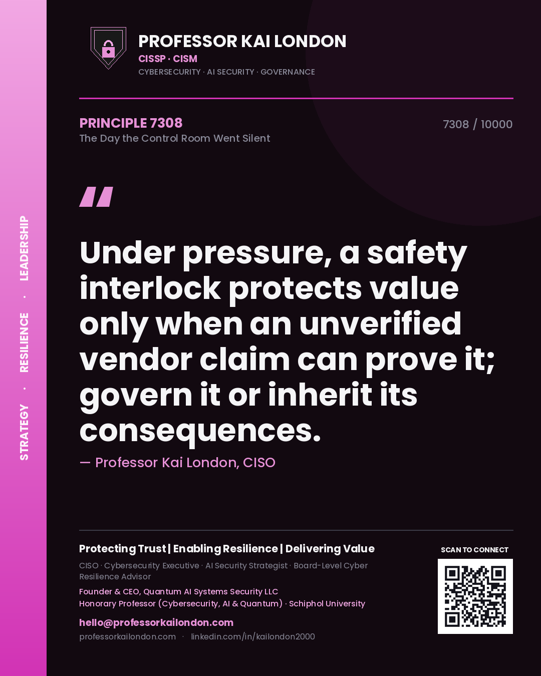 Quote card by Professor Kai London reading 'Under pressure, a safety interlock protects value only when an unverified vendor claim can prove it; govern it or inherit its consequences.'. From the book The Day the Control Room Went Silent.