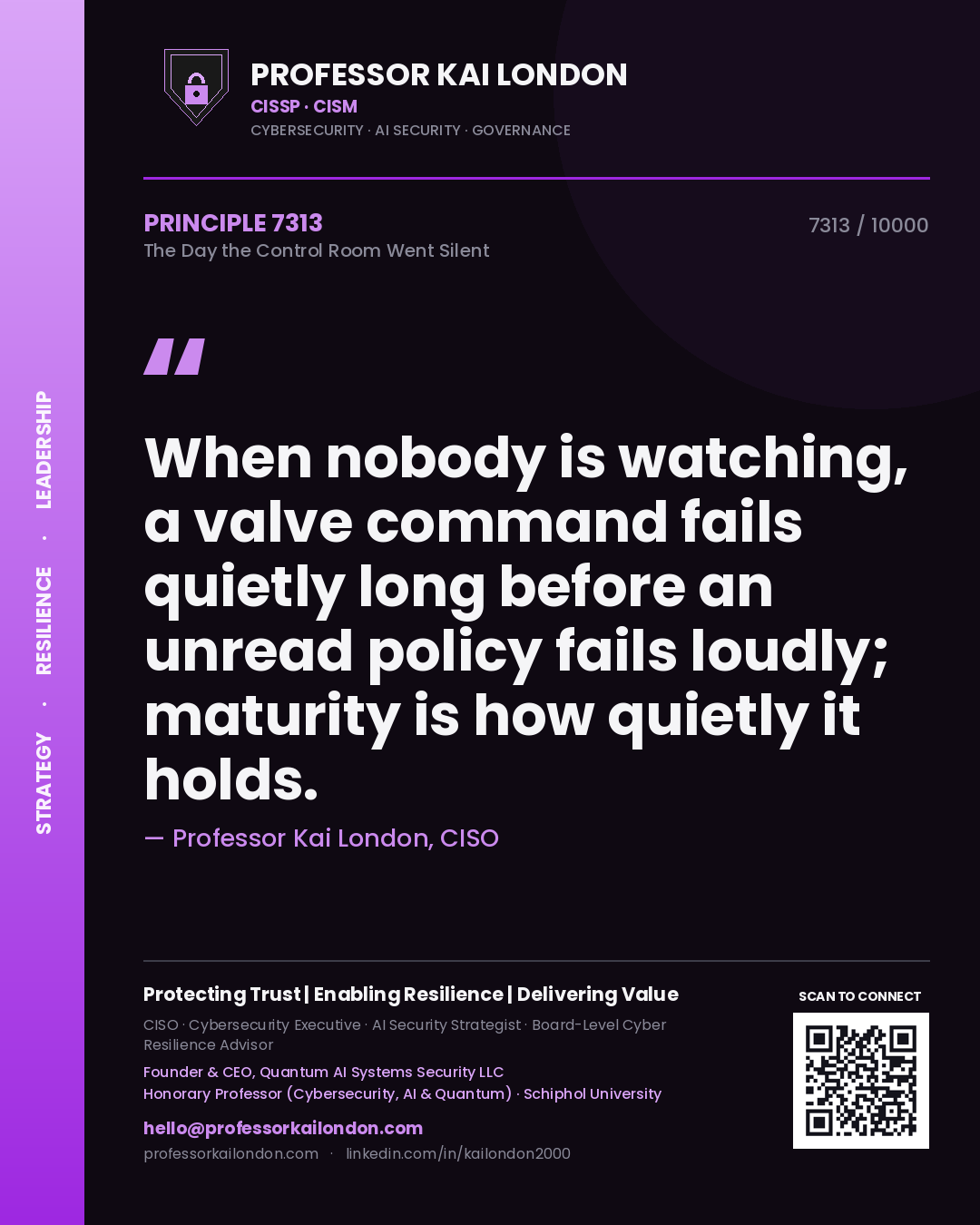 Professor Kai London principle 7313: When nobody is watching, a valve command fails quietly long before an unread policy fails loudly; maturity is how quietly it holds.