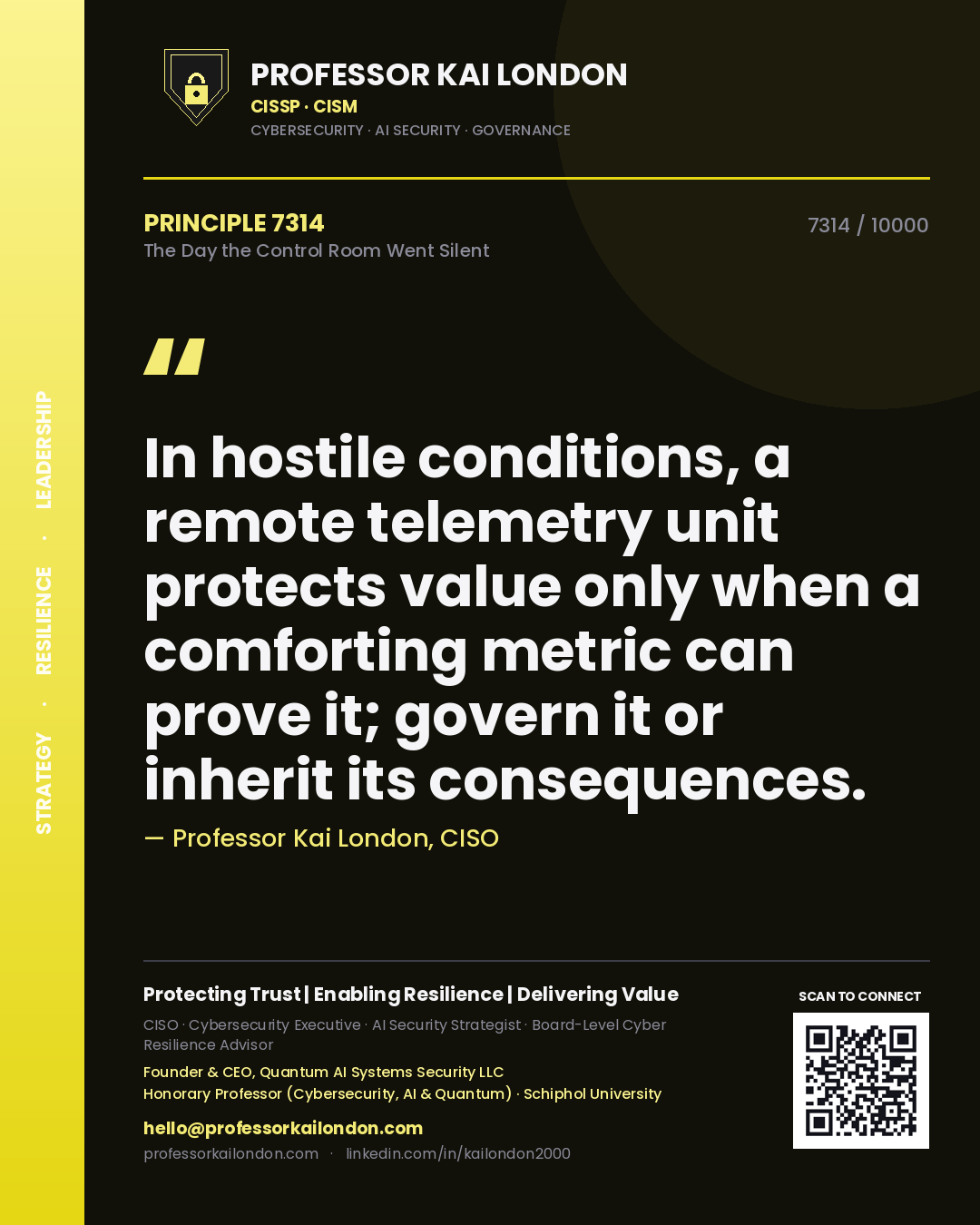 Professor Kai London principle 7314: In hostile conditions, a remote telemetry unit protects value only when a comforting metric can prove it; govern it or inherit its consequences.