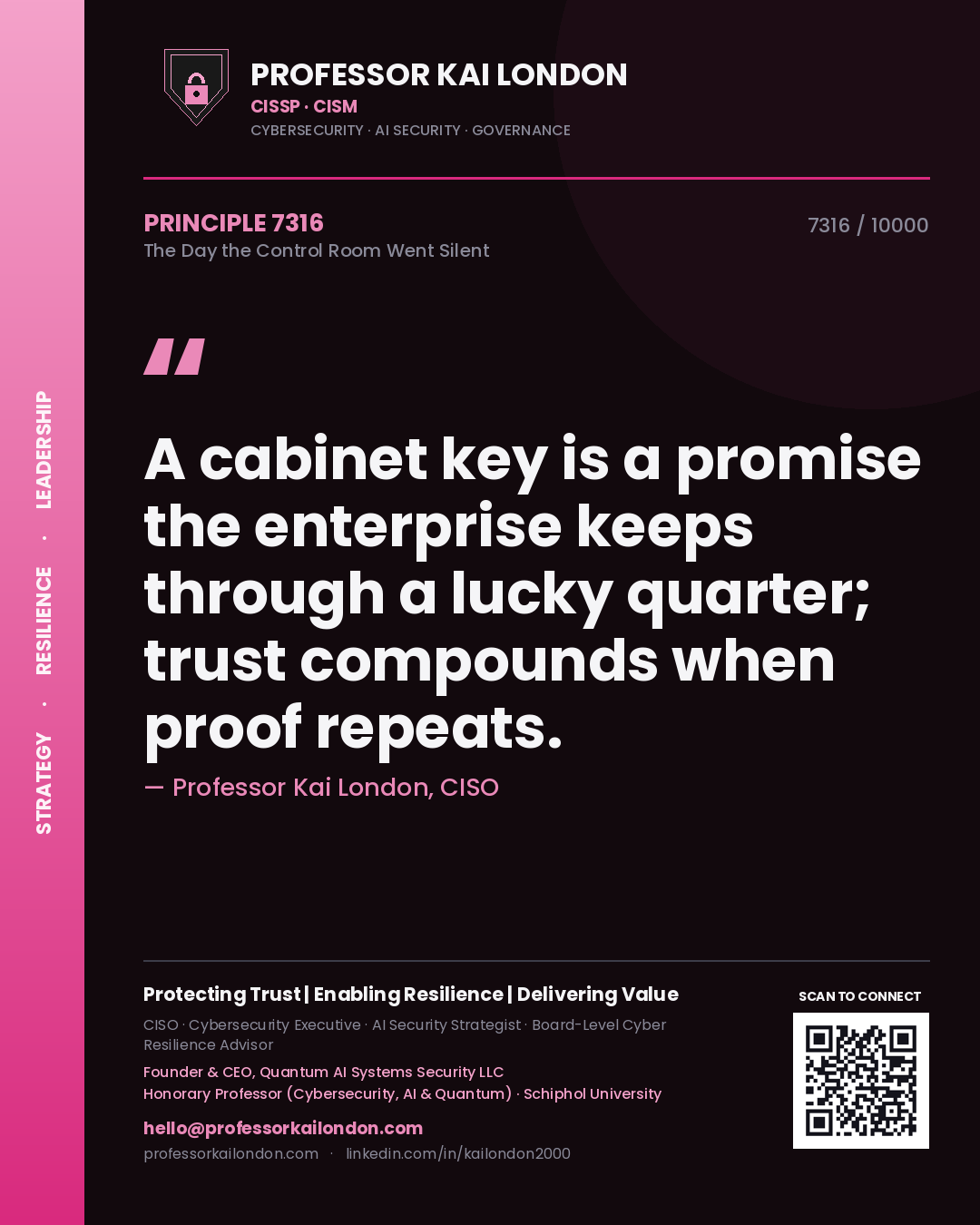 Quote card by Professor Kai London reading 'A cabinet key is a promise the enterprise keeps through a lucky quarter; trust compounds when proof repeats.'. From the book The Day the Control Room Went Silent.