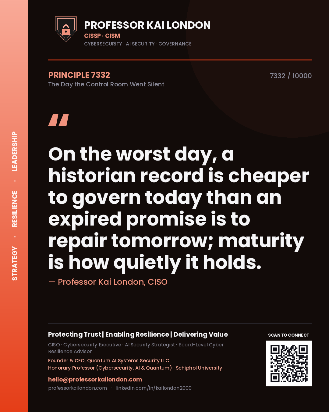 Quote card by Professor Kai London reading 'On the worst day, a historian record is cheaper to govern today than an expired promise is to repair tomorrow; maturity is how quietly it holds.'. From the book The Day the Control Room Went Silent.
