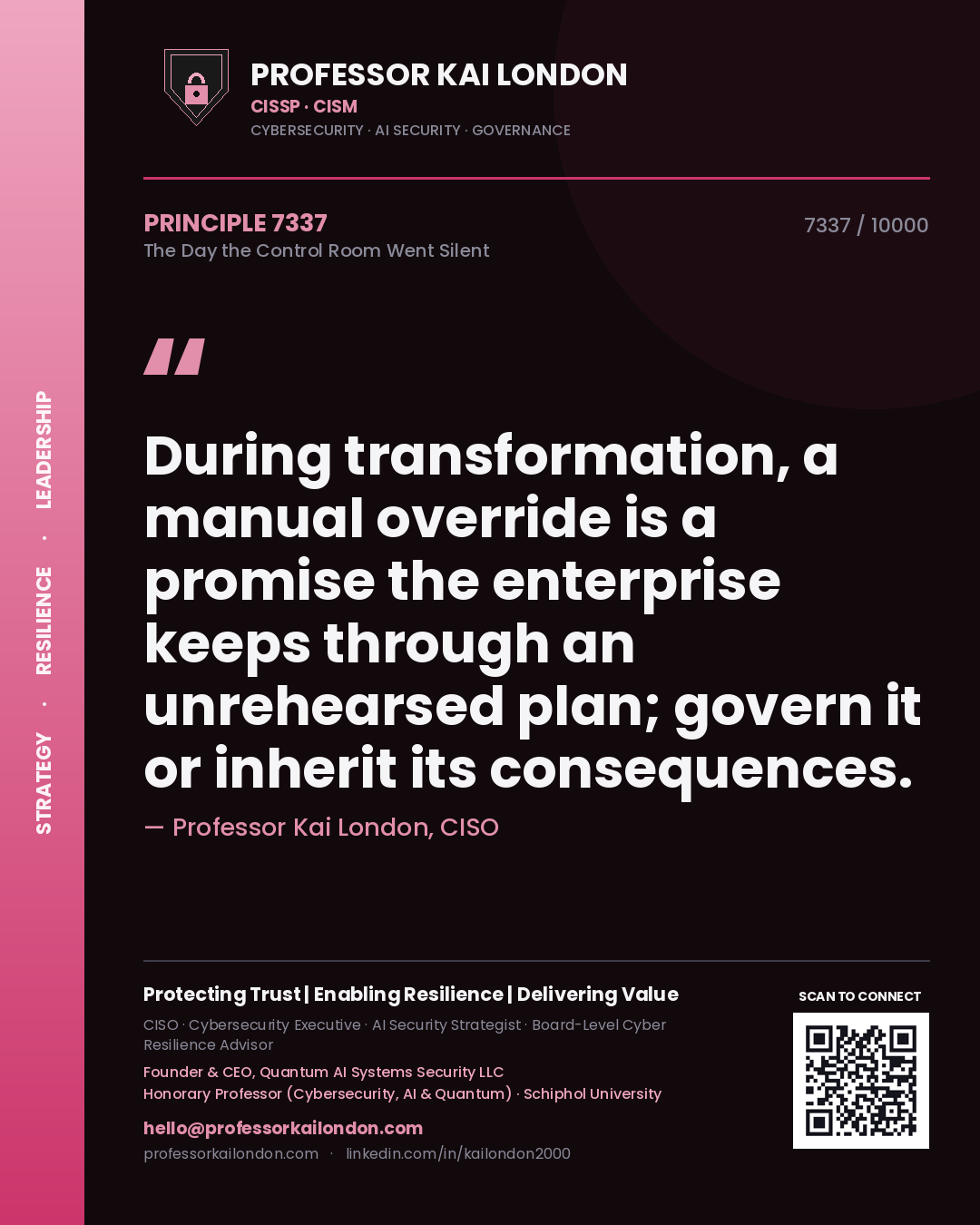 Professor Kai London principle 7337: During transformation, a manual override is a promise the enterprise keeps through an unrehearsed plan; govern it or inherit its consequences.