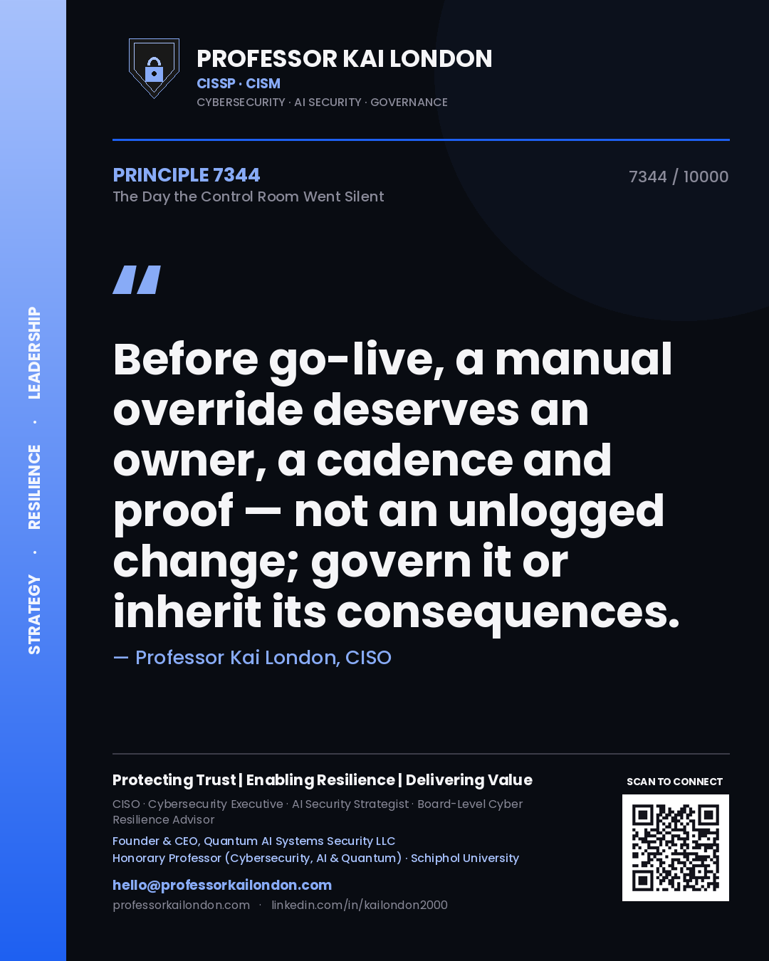 Professor Kai London principle 7344: Before go-live, a manual override deserves an owner, a cadence and proof — not an unlogged change; govern it or inherit its consequences.