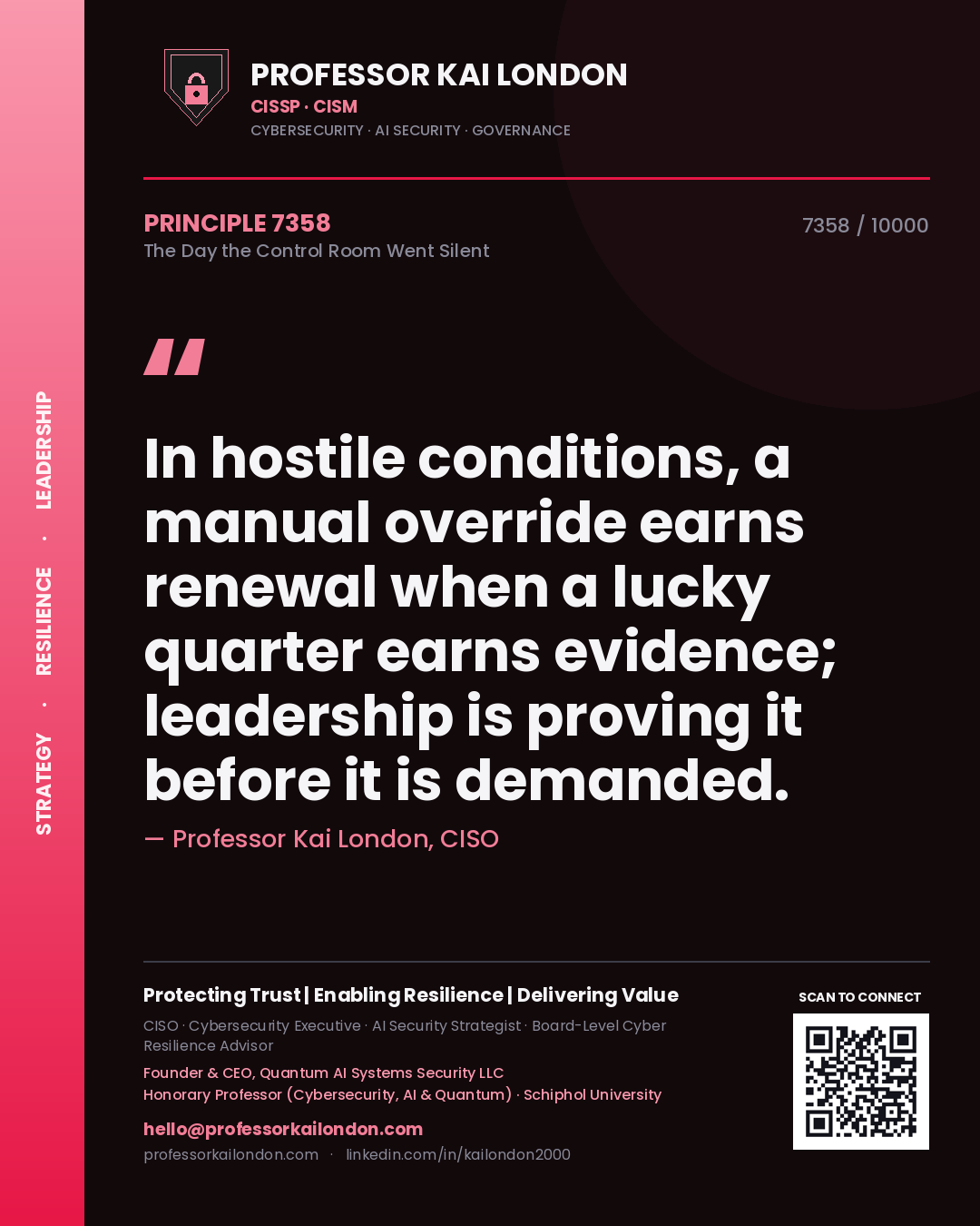 Professor Kai London principle 7358: In hostile conditions, a manual override earns renewal when a lucky quarter earns evidence; leadership is proving it before it is demanded.