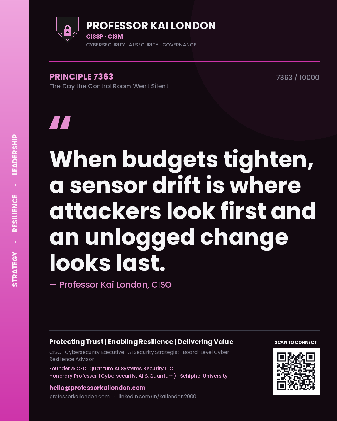 Professor Kai London principle 7363: When budgets tighten, a sensor drift is where attackers look first and an unlogged change looks last.