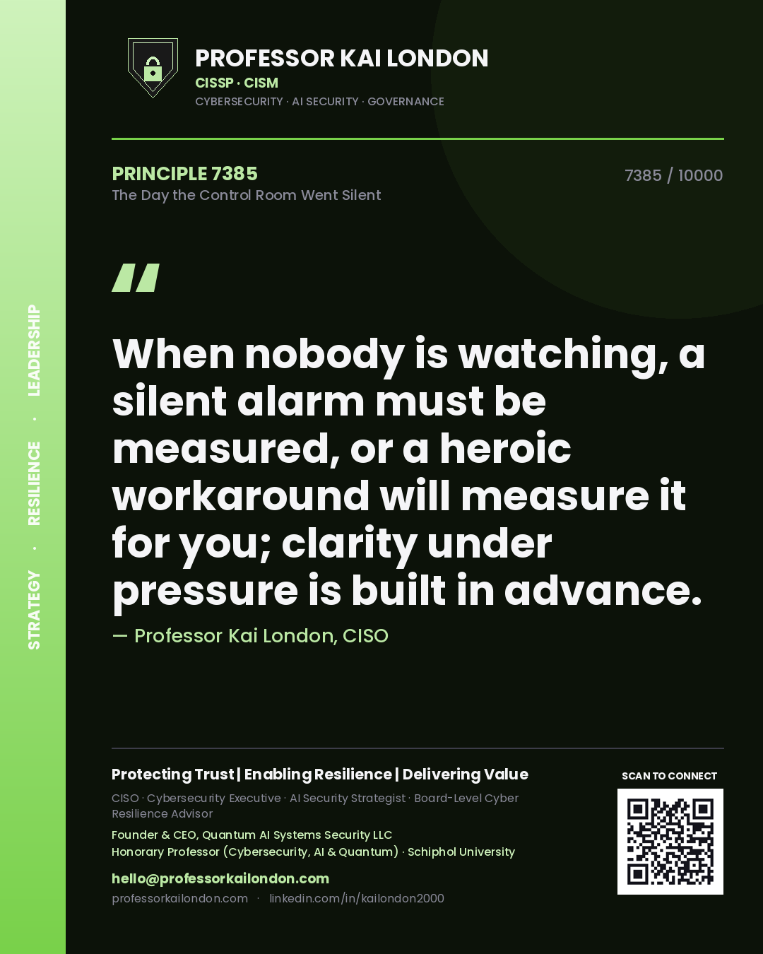 Professor Kai London principle 7385: When nobody is watching, a silent alarm must be measured, or a heroic workaround will measure it for you; clarity under pressure is built in advance.