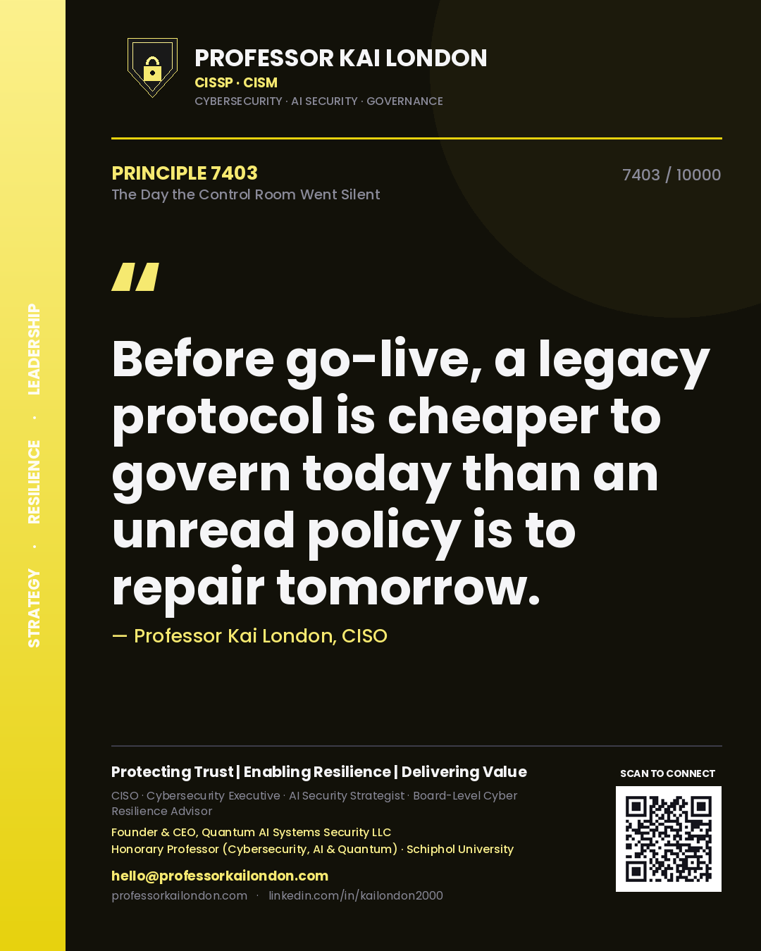 Quote card by Professor Kai London reading 'Before go-live, a legacy protocol is cheaper to govern today than an unread policy is to repair tomorrow.'. From the book The Day the Control Room Went Silent.
