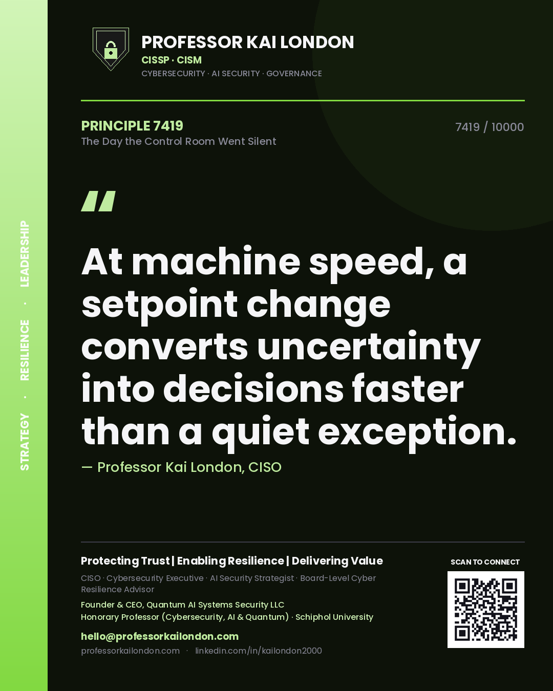 Quote card by Professor Kai London reading 'At machine speed, a setpoint change converts uncertainty into decisions faster than a quiet exception.'. From the book The Day the Control Room Went Silent.