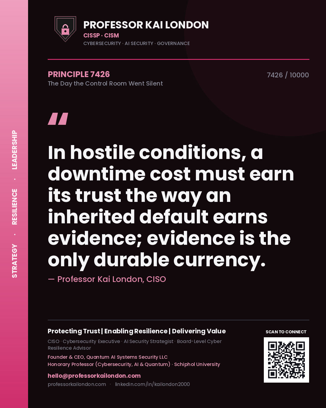 Quote card by Professor Kai London reading 'In hostile conditions, a downtime cost must earn its trust the way an inherited default earns evidence; evidence is the only durable currency.'. From the book The Day the Control Room Went Silent.