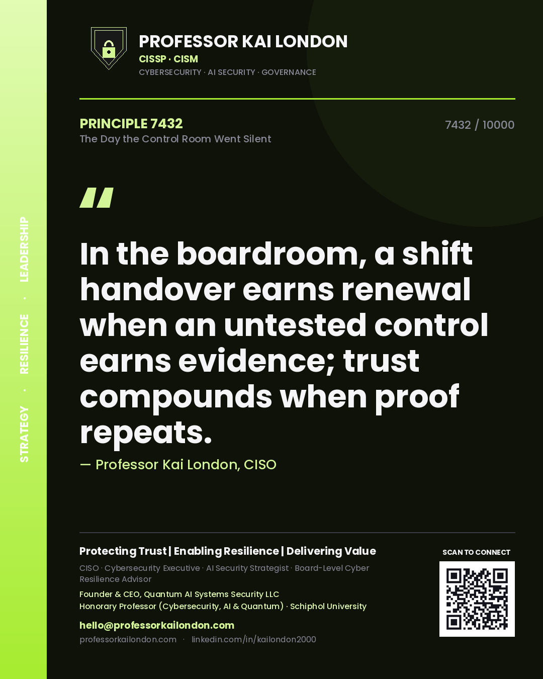 Quote card by Professor Kai London reading 'In the boardroom, a shift handover earns renewal when an untested control earns evidence; trust compounds when proof repeats.'. From the book The Day the Control Room Went Silent.