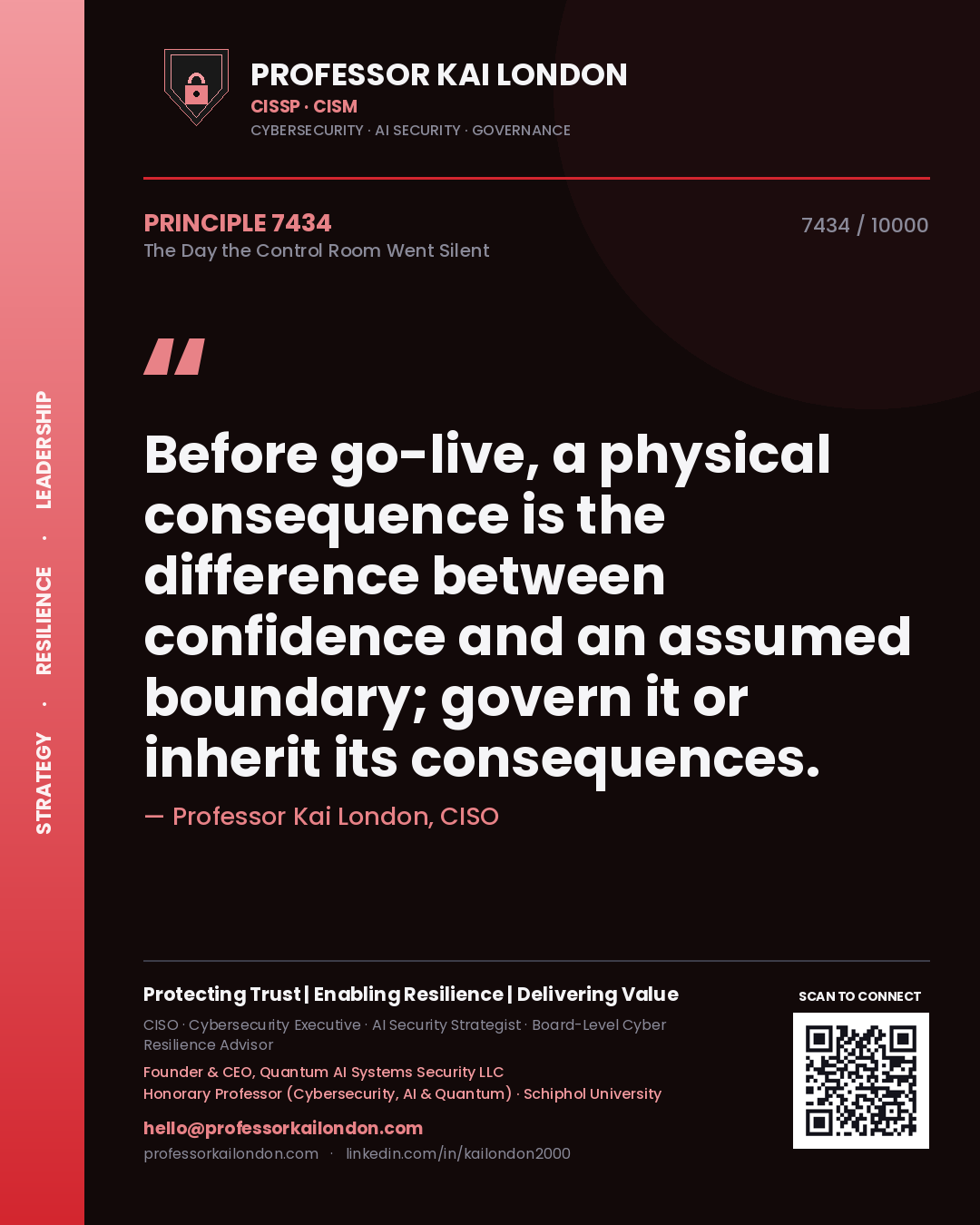 Quote card by Professor Kai London reading 'Before go-live, a physical consequence is the difference between confidence and an assumed boundary; govern it or inherit its consequences.'. From the book The Day the Control Room Went Silent.