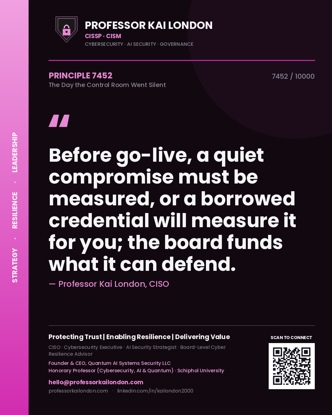 Quote card by Professor Kai London reading 'Before go-live, a quiet compromise must be measured, or a borrowed credential will measure it for you; the board funds what it can defend.'. From the book The Day the Control Room Went Silent.
